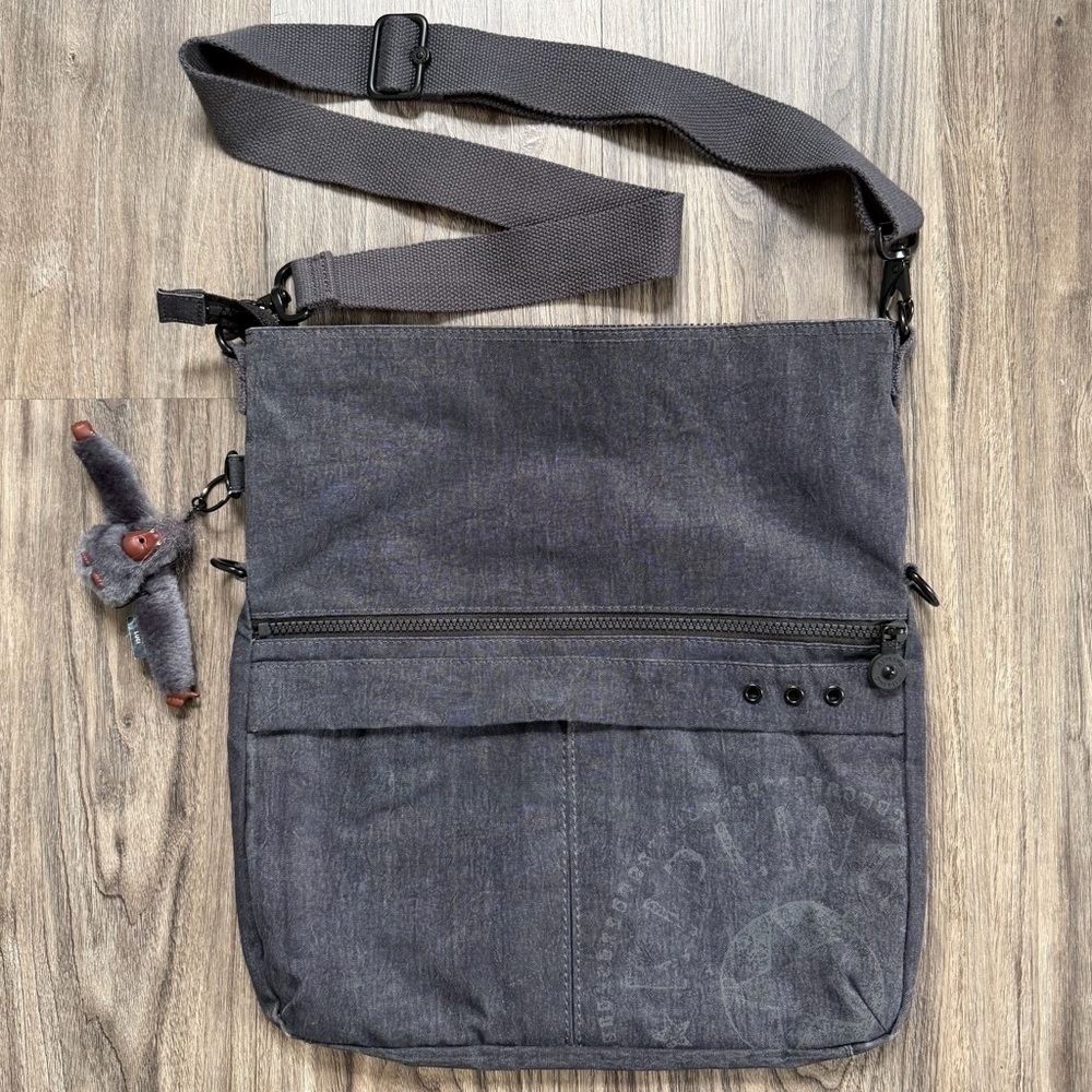 Kipling Charcoal Gray Large Y2K Crossbody Bag Grommet Detail Logo Stamp